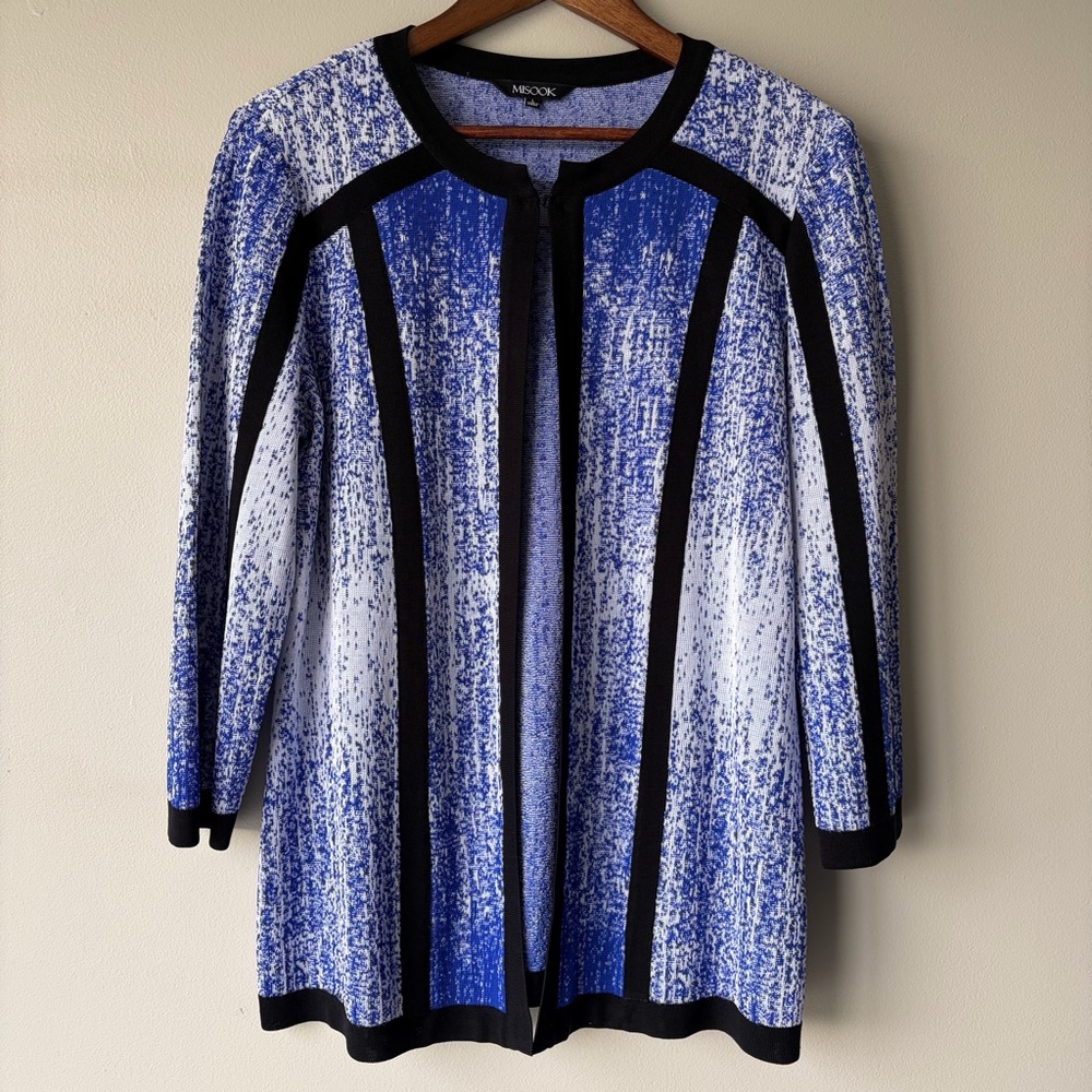 Misook Blue White Abstract Stripe‎ Knit Cardigan Jacket Large Hook Eye Closure